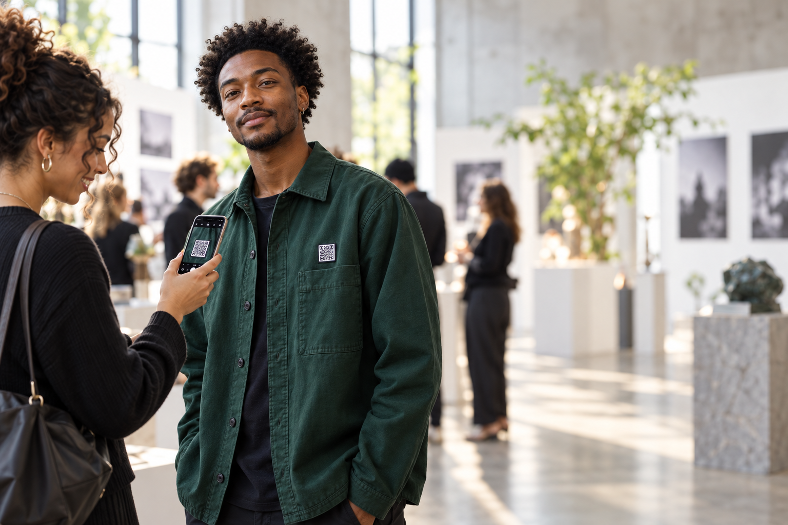 A woman scanning a QR code worn by a man at a gallery event
